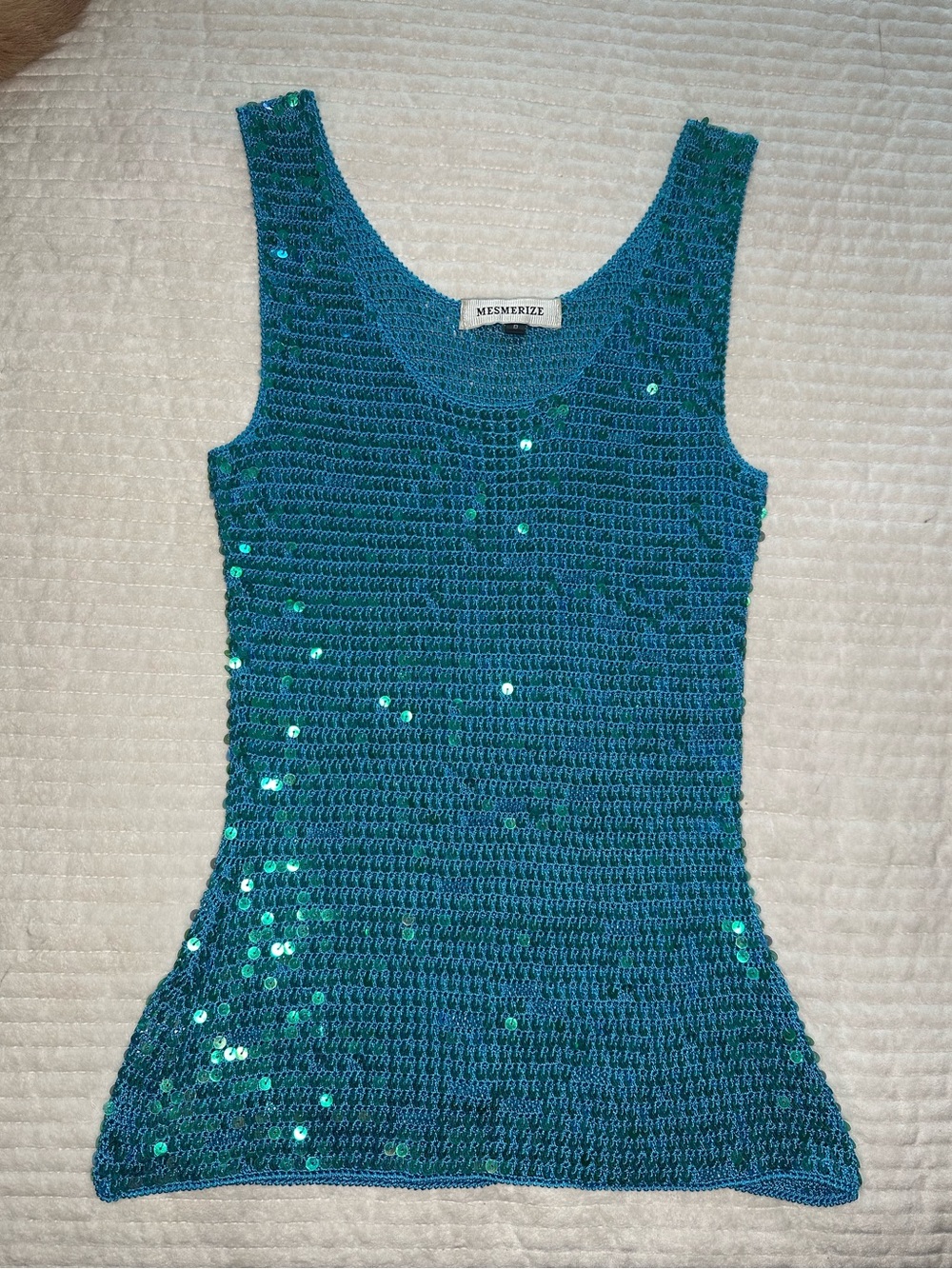 Vintage Y2K Teal Sequin Crochet Tank Top size small in great condition!